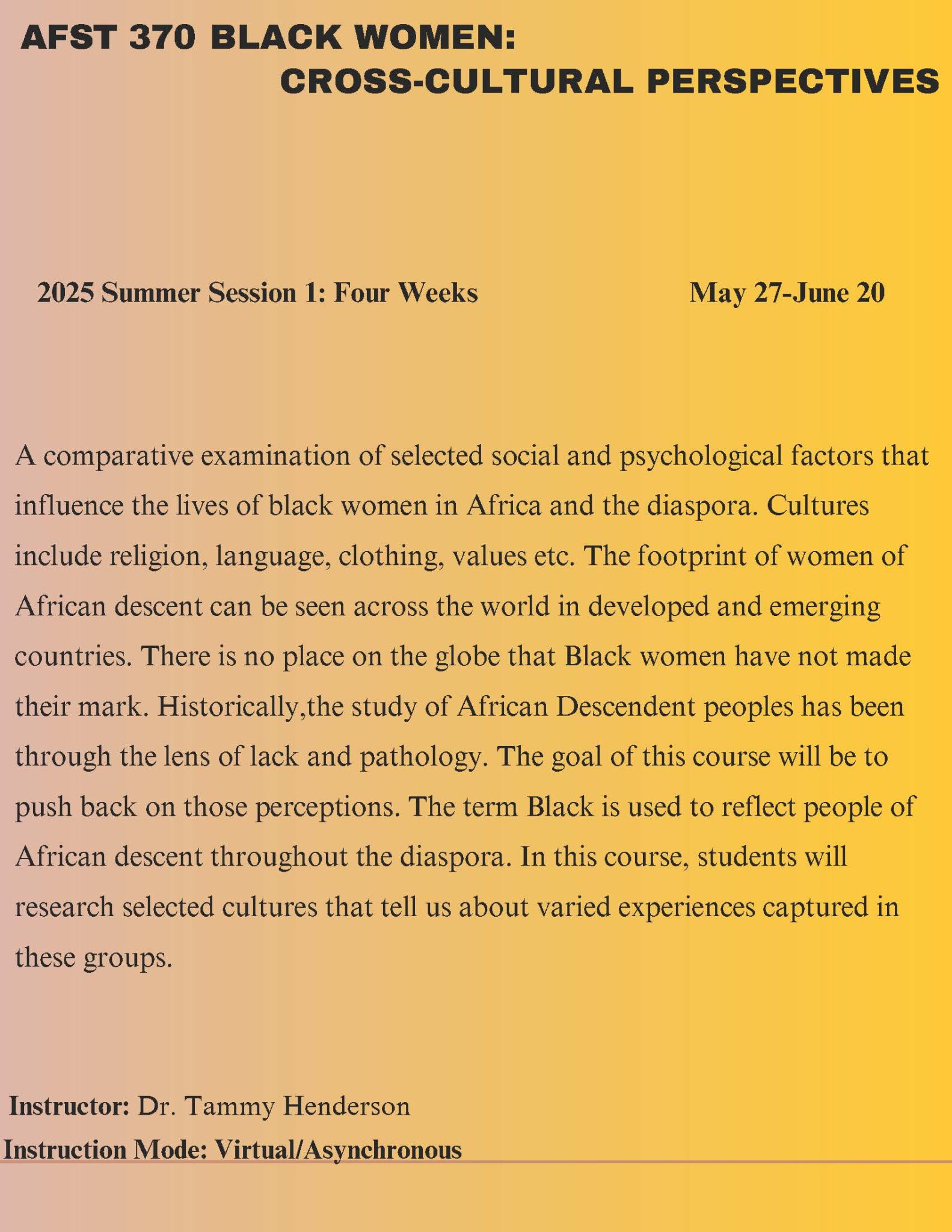 2025 Summer Course Offerings Department of Africana Studies UMBC