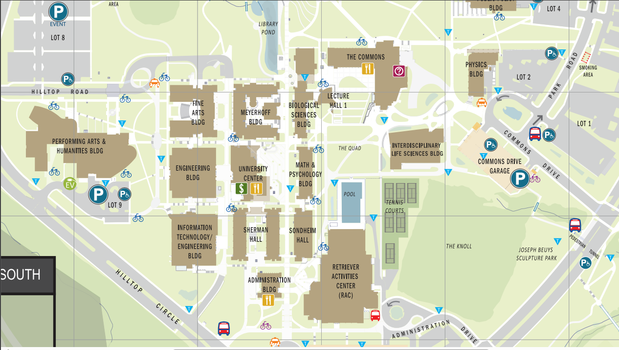An excerpt from the 2024 U-M-B-C Campus Map, showing a detailed section of the inner academic buildings.